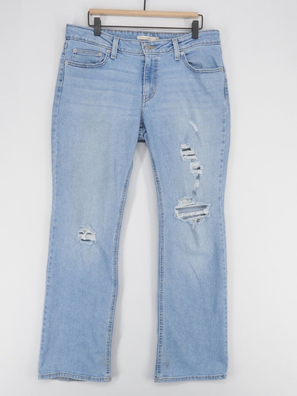 Levis Superlow Boot Jeans Womens 32 Blue Distressed Low Rise Bootcut Stretch
